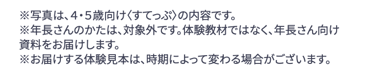 ※写真は、4・5歳向け くすてっぷ〉の内容です。
※年長さんのかたは、 対象外です。 体験教材ではなく、年長さん向け
資料をお届けします。
※お届けする体験見本は、時期によって変わる場合がございます。