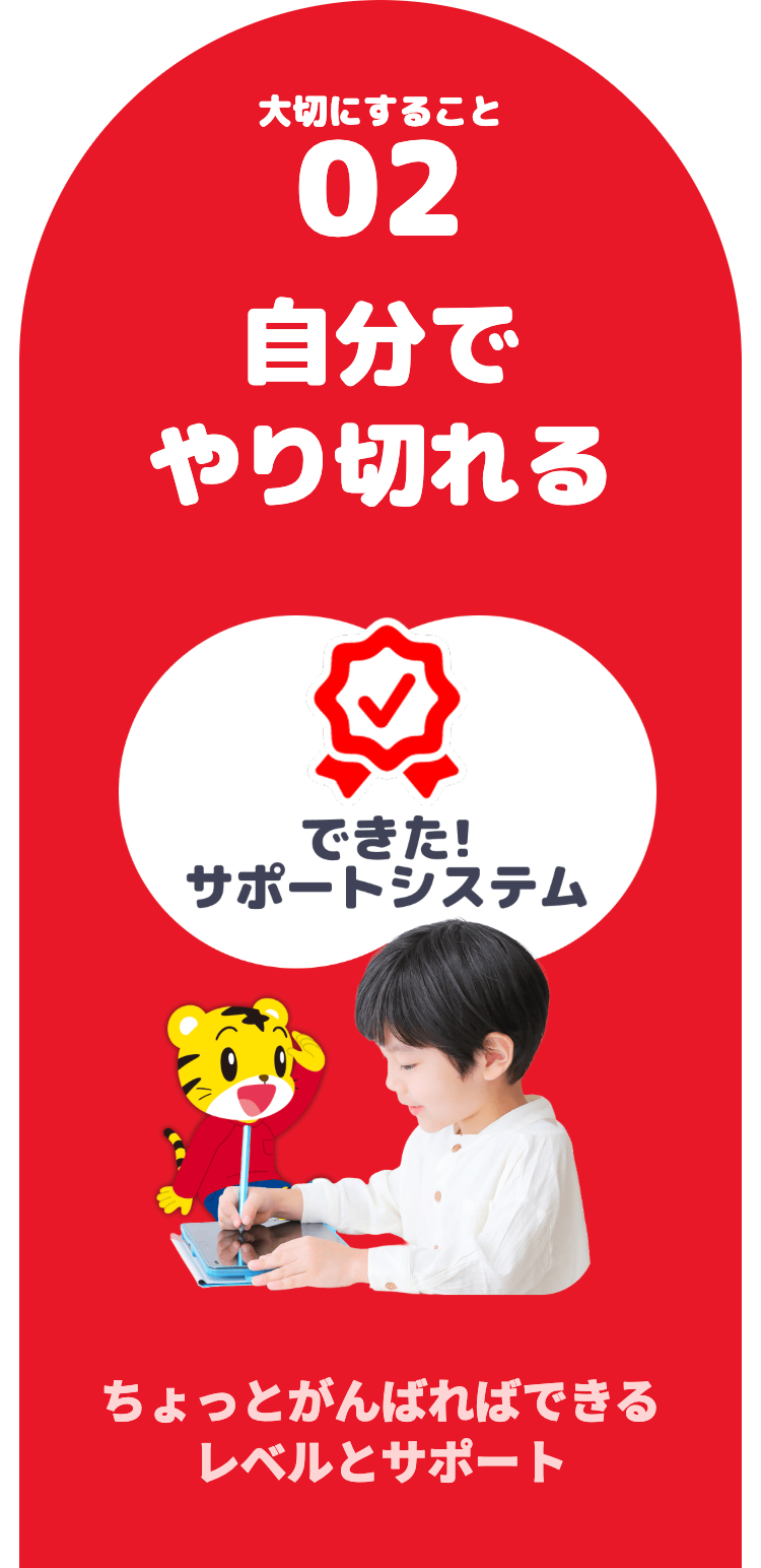 大切にすること
02
自分で
やり切れる
できた!
サポートシステム
ちょっとがんばればできる
レベルとサポート