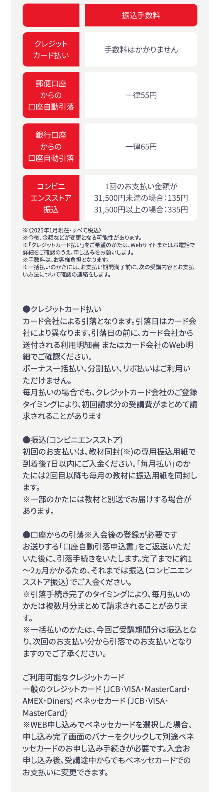 振込手数料
クレジット
手数料はかかりません
カード払い
郵便口座
からの
口座自動引落
銀行口座
からの
口座自動引落
コンビニ
一律55円
一律65円
1回のお支払い金額が
エンスストア
31,500円未満の場合: 135円
振込
31,500円以上の場合:335円
※〈2025年1月現在 ・すべて税込〉
※今後、金額などが変更となる可能性があります。
※「クレジットカード払い」をご希望のかたは、 Webサイトまたはお電話で
詳細をご確認のうえ、申し込みをお願いします。
※手数料は、お客様負担となります。
※一括払いのかたには、お支払い期間満了前に、次の受講内容とお支払
い方法について確認の連絡をします。
●クレジットカード払い
カード会社による引落となります。 引落日はカード会
社により異なります。 引落日の前に、カード会社から
送付される利用明細書 またはカード会社のWeb明
細でご確認ください。
ボーナス一括払い、分割払い、リボ払いはご利用い
ただけません。
毎月払いの場合でも、クレジットカード会社のご登録
タイミングにより、初回請求分の受講費がまとめて請
求されることがあります
●振込(コンビニエンスストア)
初回のお支払いは、教材同封(※)の専用振込用紙で
到着後7日以内にご入金ください。 「毎月払い」のか
たには2回目以降も毎月の教材に振込用紙を同封し
ます。
※一部のかたには教材と別送でお届けする場合が
あります。
●口座からの引落※入会後の登録が必要です
お送りする「口座自動引落申込書」 をご返送いただ
いた後に、引落手続きをいたします。 完了までに約1
~2ヵ月かかるため、 それまでは振込 (コンビニエン
スストア振込)でご入金ください。
※引落手続き完了のタイミングにより、 毎月払いの
かたは複数月分まとめて請求されることがありま
す。
※一括払いのかたは、 今回ご受講期間分は振込とな
り、次回のお支払い分から引落でのお支払いとなり
ますのでご了承ください。
ご利用可能なクレジットカード
一般のクレジットカード(JCB・VISA・MasterCard・
AMEX・Diners) ベネッセカード(JCB・VISA・
MasterCard)
※WEB申し込みでベネッセカードを選択した場合、
申し込み完了画面のバナーをクリックして別途ベネ
ッセカードのお申し込み手続きが必要です。 入会お
申し込み後、受講途中からでもベネッセカードでの
お支払いに変更できます。