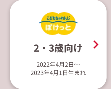 こどもちゃれんじ
ぽけっと
2・3歳向け
2022年4月2日~
2023年4月1日生まれ
>