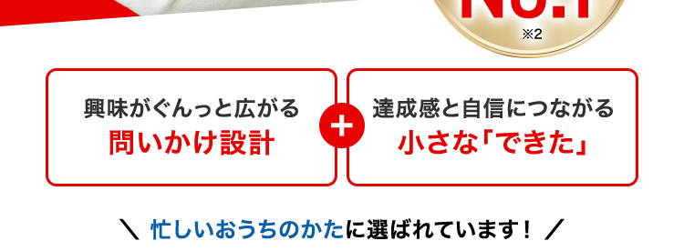 ひとりでも
取り組める!
こどもちゃれんじ
幼児の学習法において
利用者数
No.1
*1
幼児において
「成長を実感した」
学習法
No.1
*2
興味がぐんっと広がる
+
問いかけ設計
達成感と自信につながる
小さな「できた」
\ 忙しいおうちのかたに選ばれています! /